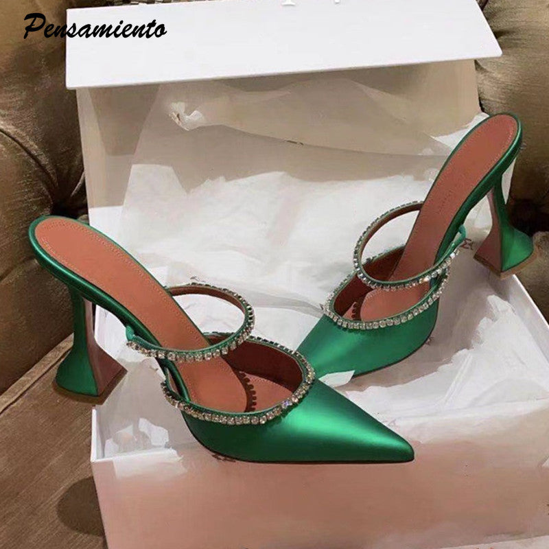 elegant pointed toe rhinestones satin party high heels for women