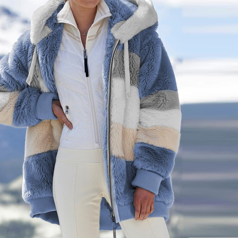 stitching plaid faux fur hooded zipper winter jacket