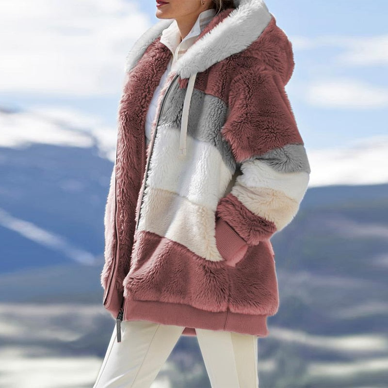 stitching plaid faux fur hooded zipper winter jacket