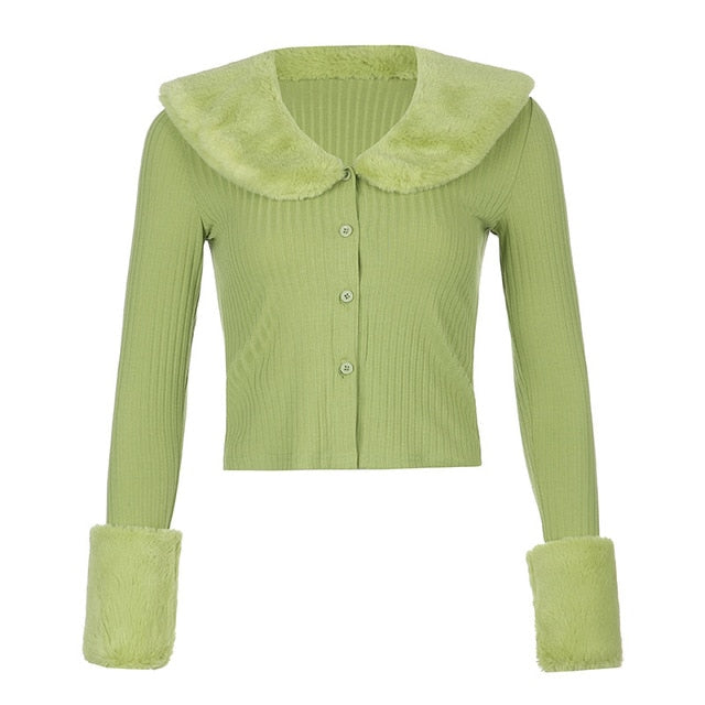ribbed knitted cardigans with fur trim collar long sleeve