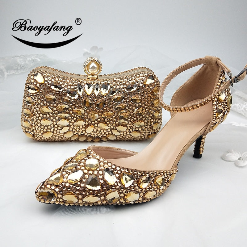 golden crystal women party shoes and bags