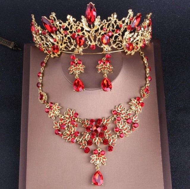 rhinestone baroque vintage gold red crystal bridal jewelry set 3pcs jewelry set