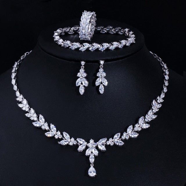 brilliant cubic zircon 4pcs necklace earrings ring and bracelet wedding bridal jewelry sets