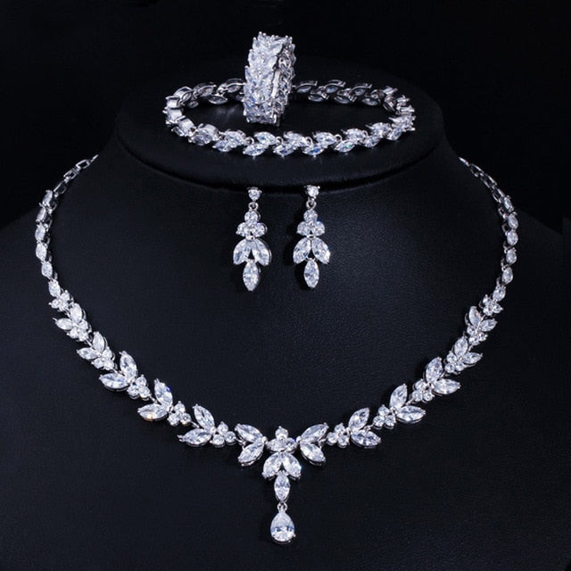 brilliant cubic zircon 4pcs necklace earrings ring and bracelet wedding bridal jewelry sets