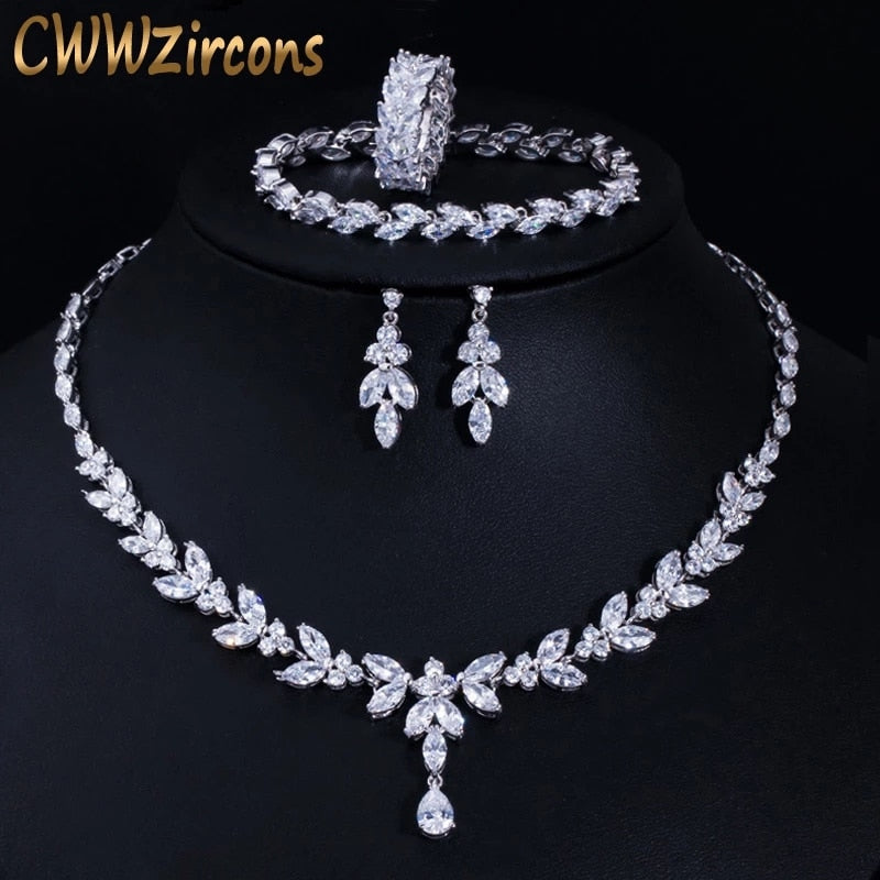 brilliant cubic zircon 4pcs necklace earrings ring and bracelet wedding bridal jewelry sets