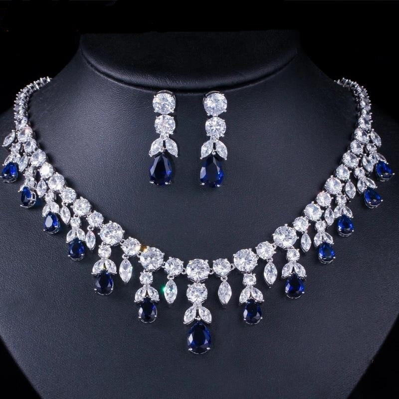 luxury dark blue big dangle drop bridal jewelry sets