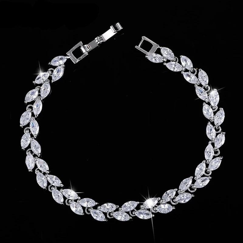 trendy cubic zirconia leaf charm silver color bracelet
