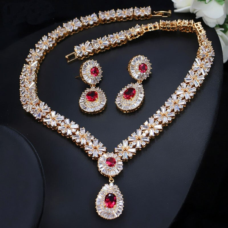 cz classic cubic zirconia wedding jewelry set with crystal stone gold red