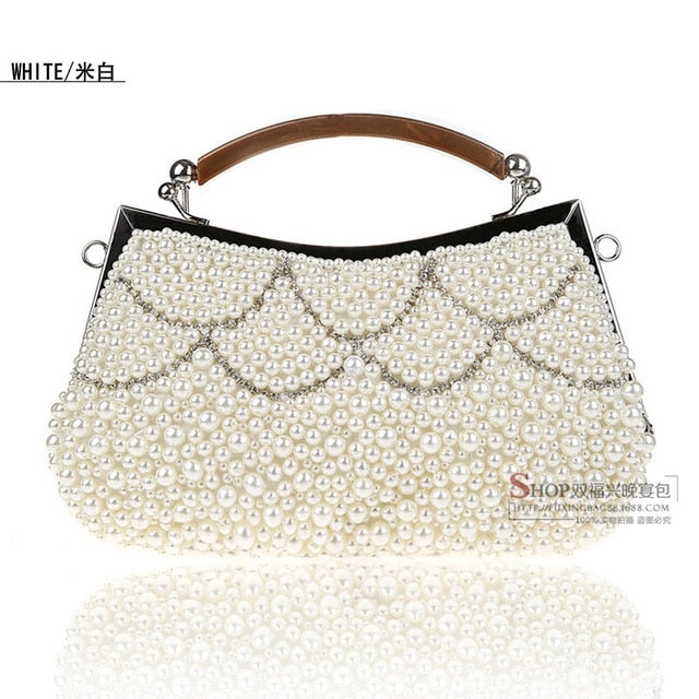 pearl beaded shell shaped bridal clutch beige