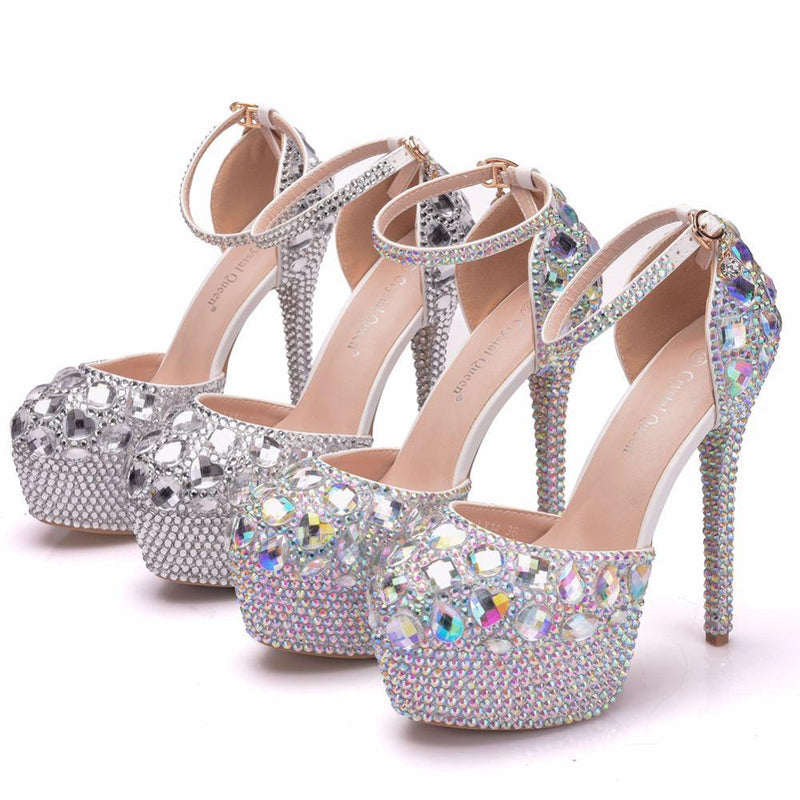 glittering round toe crystal cinderella high heels