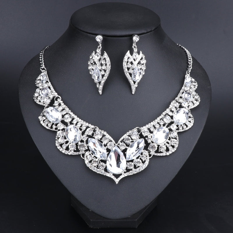 rhinestone crystal statement dubai wedding jewelry set silver