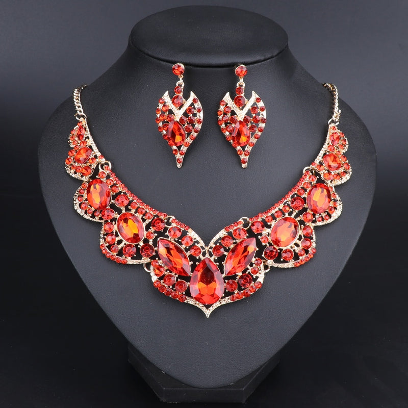 rhinestone crystal statement dubai wedding jewelry set red