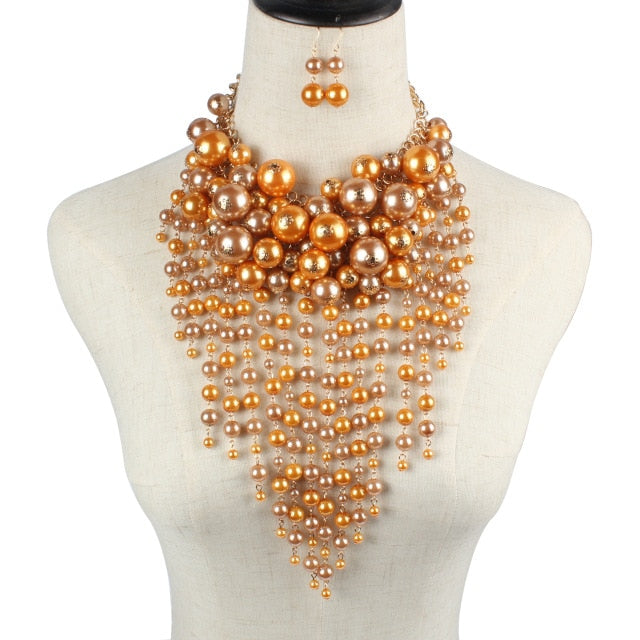 big multi-layer imitation pearl tassel statement exaggerate jewelry gold / 40cm