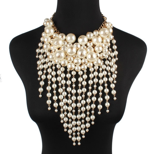 big multi-layer imitation pearl tassel statement exaggerate jewelry white / 40cm