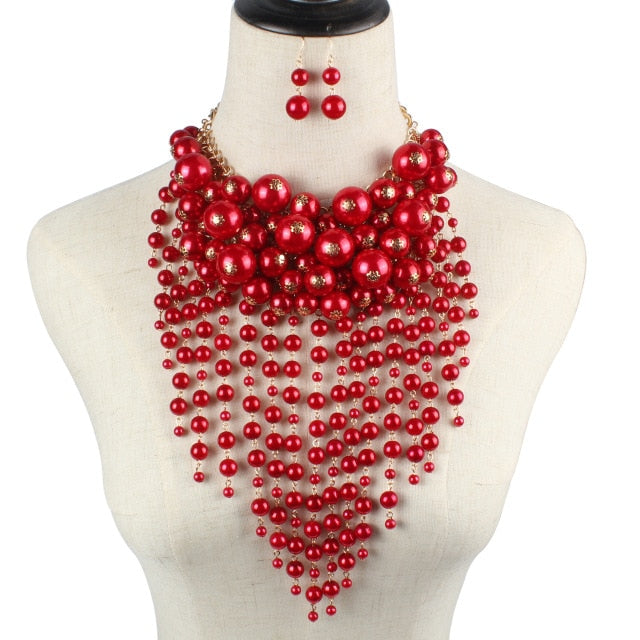 big multi-layer imitation pearl tassel statement exaggerate jewelry red / 40cm