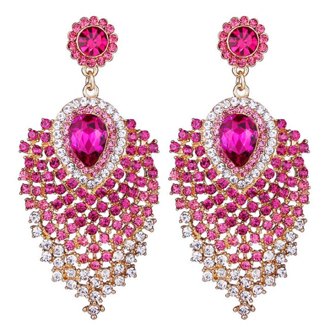 silver plated clear rhinestone crystal long drop earrings pink