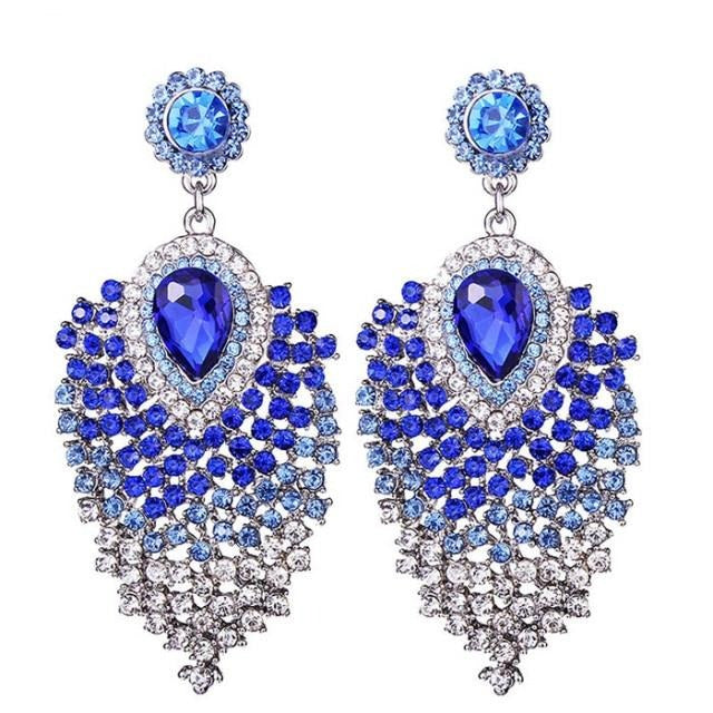 silver plated clear rhinestone crystal long drop earrings blue