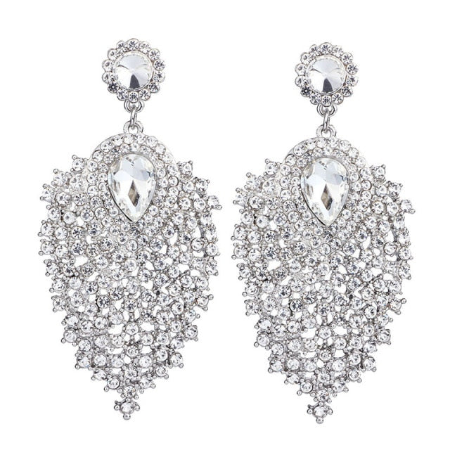 silver plated clear rhinestone crystal long drop earrings white