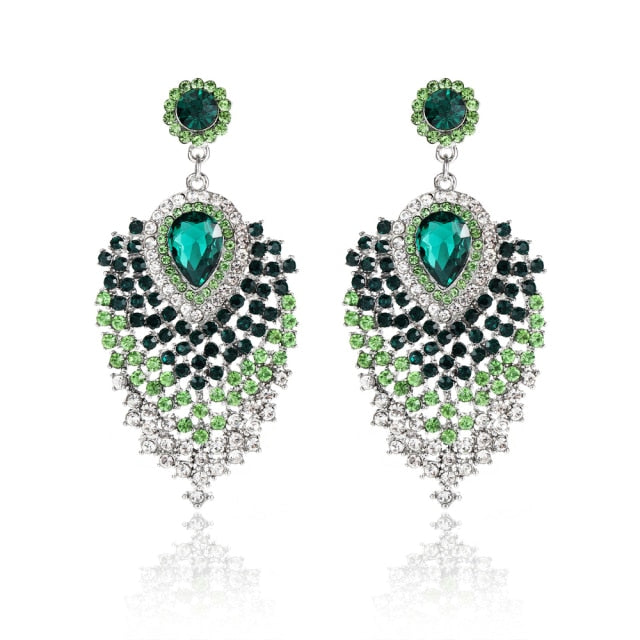 silver plated clear rhinestone crystal long drop earrings green