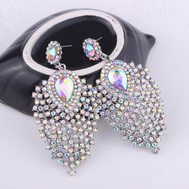 silver plated clear rhinestone crystal long drop earrings ab white
