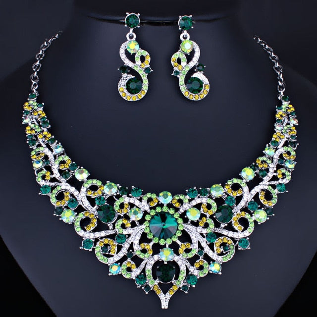 cute crystal rhinestones necklace and earrings bridal jewelry set green