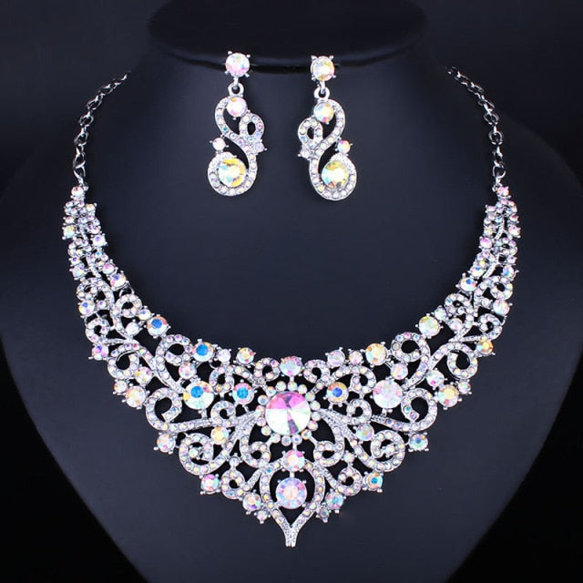 cute crystal rhinestones necklace and earrings bridal jewelry set ab white
