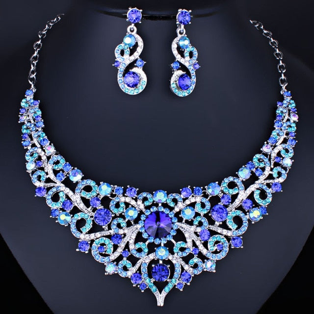 cute crystal rhinestones necklace and earrings bridal jewelry set dark blue