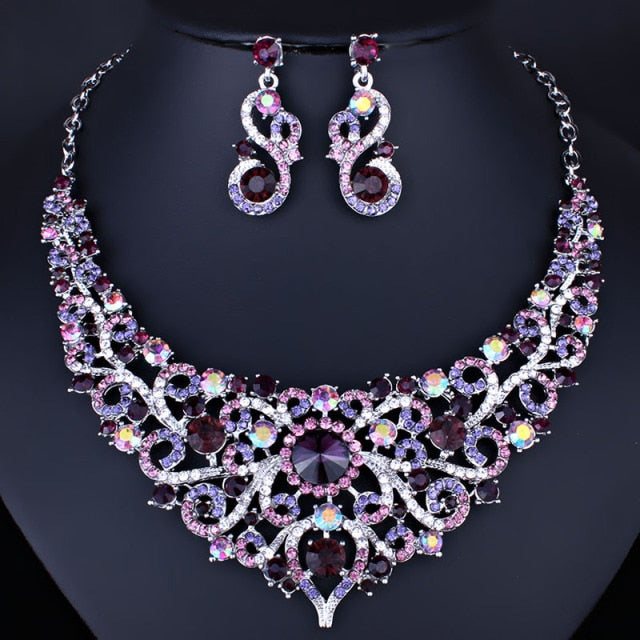 cute crystal rhinestones necklace and earrings bridal jewelry set purple