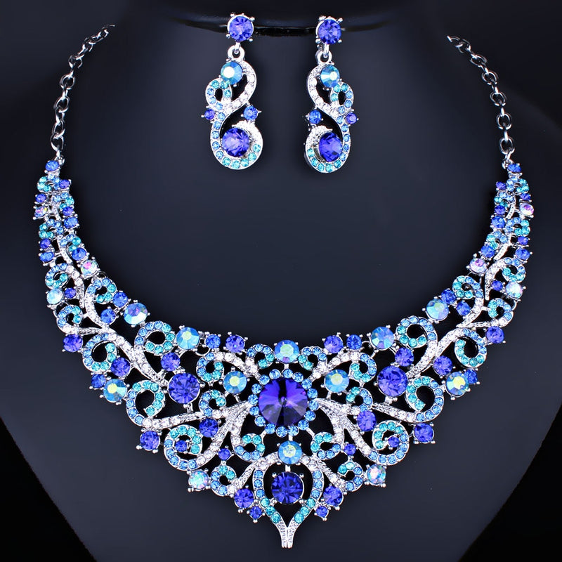 cute crystal rhinestones necklace and earrings bridal jewelry set