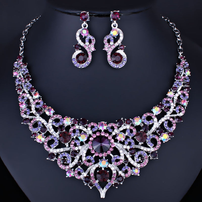 cute crystal rhinestones necklace and earrings bridal jewelry set