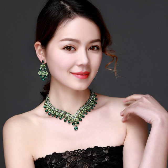 water drop shape crystal rhinestones fashion bridal jewelry set green