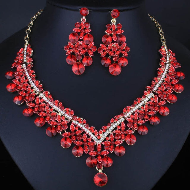 water drop shape crystal rhinestones fashion bridal jewelry set red