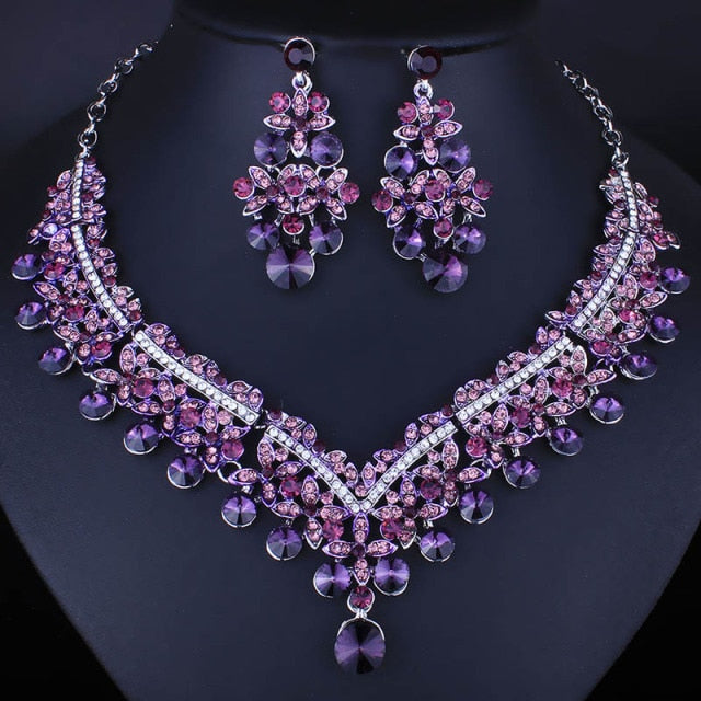 water drop shape crystal rhinestones fashion bridal jewelry set purple