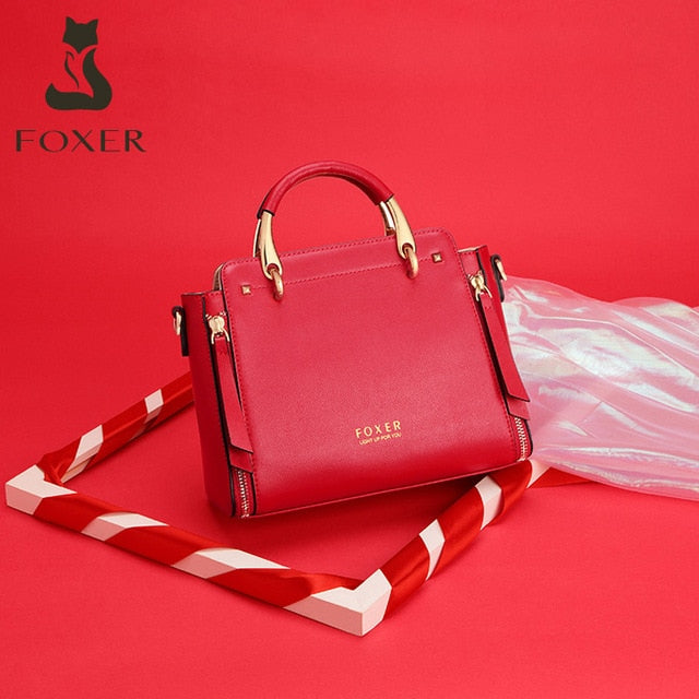 foxer women fashion cow leather handbag top handle purse commute crossbody bag elegant ladies shoulder bag female totes