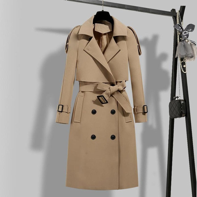 winter elegant women double breasted solid trench coat