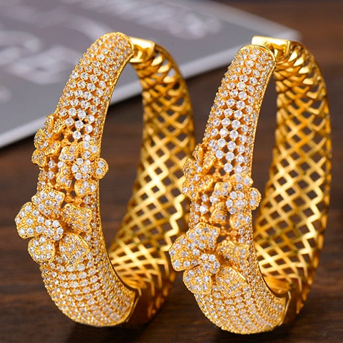 luxury hollow flowers cubic zirconia statement big hoops earrings gold