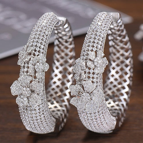 luxury hollow flowers cubic zirconia statement big hoops earrings silver