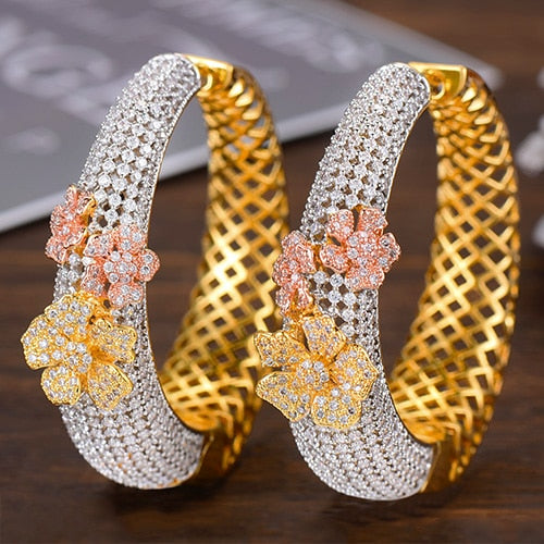 luxury hollow flowers cubic zirconia statement big hoops earrings 3 tone