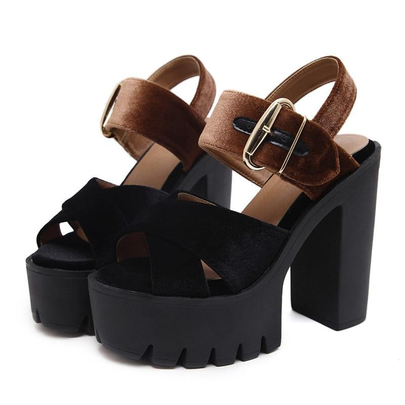buckle square high heels
