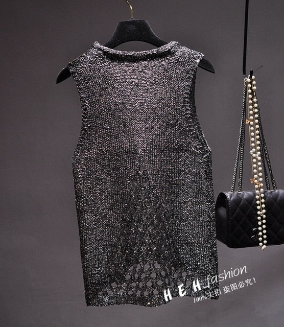 glitter sequined cut out vest sleeveless shirt/top black / one size