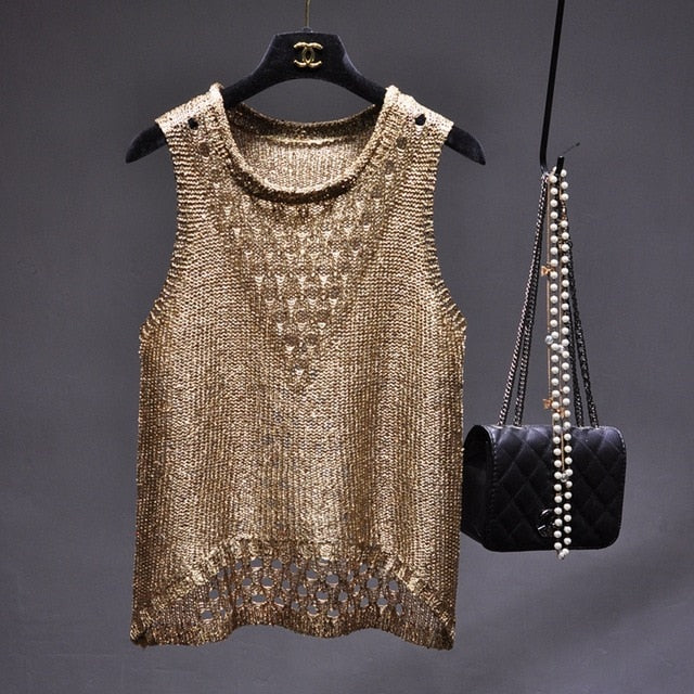 glitter sequined cut out vest sleeveless shirt/top khaki / one size