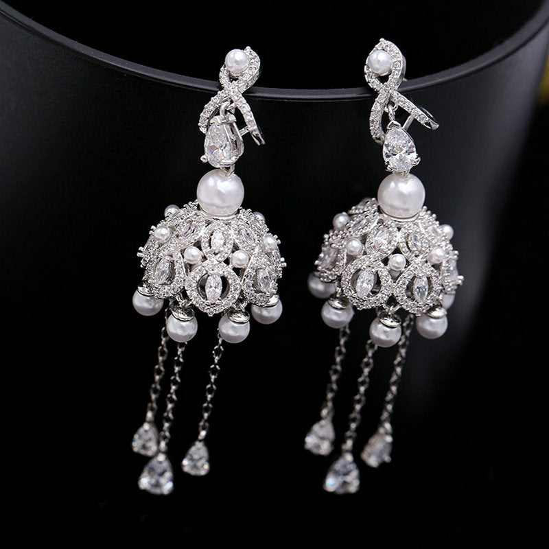 luxury cubic zircon tassel campanula dangle earrings