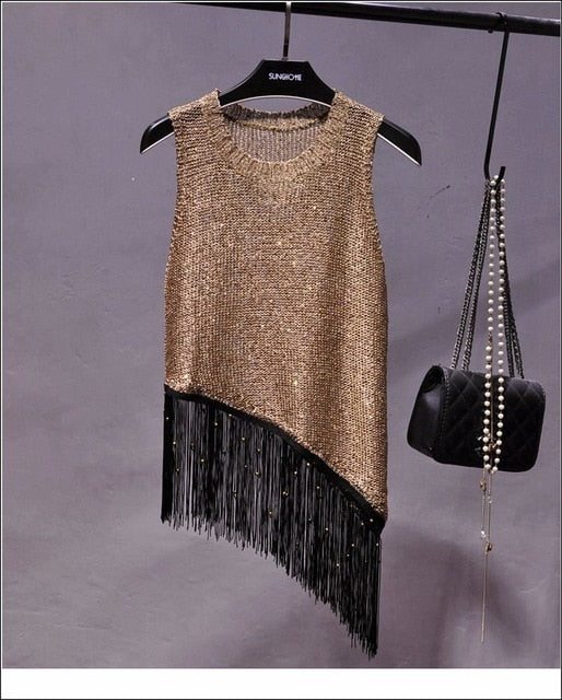 sequined fringed knitted tank top gold / one size
