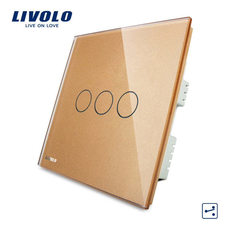 livolo uk standard wireless remote touch switch ,ac 220-250v vl-c303r-61/62/63,ivory  crystal glass panel, no remote controller golden
