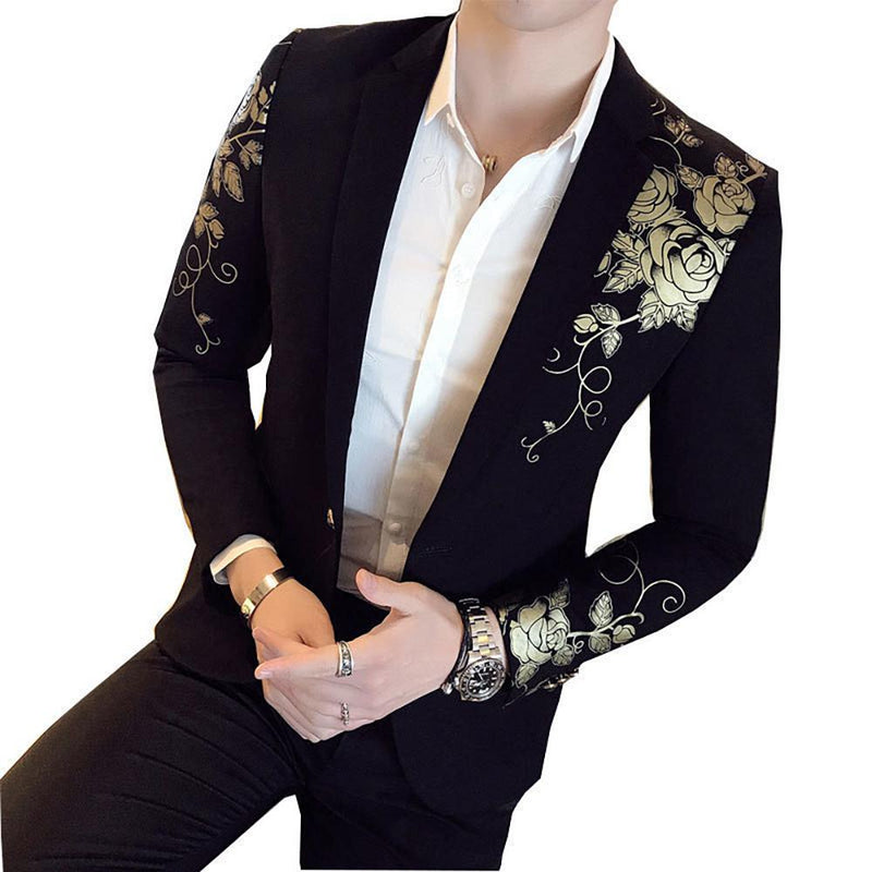 luxury gold print blazer masculino slim fit men blazer hombre stage cloth for dj singer chaqueta hombre mens blazers ( 1 piece )