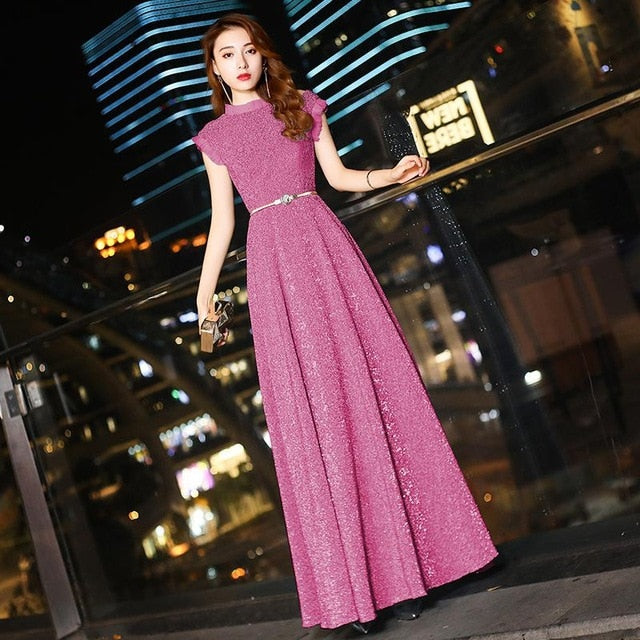 luxury sequins pleated dress cheongsam round neck with lace