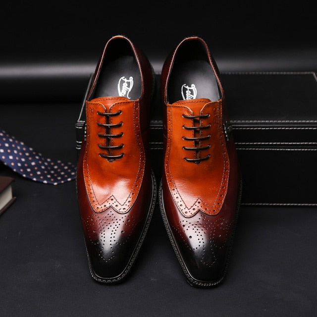 luxury classic mens brogue oxfords dress shoes genuine cow leather brown pointed toe lace up male formal footwear wedding party