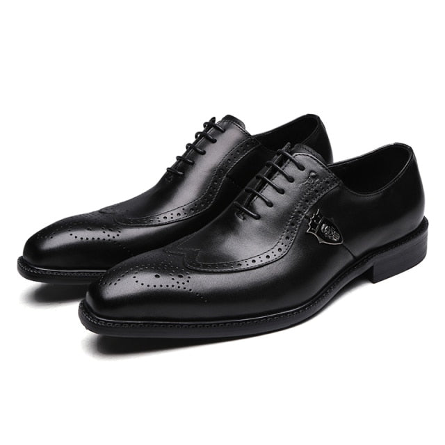 luxury classic mens brogue oxfords dress shoes genuine cow leather brown pointed toe lace up male formal footwear wedding party