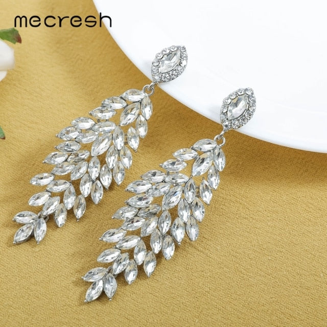 luxury leaves long drop crystal hanging dangle earrings meh1738-clear