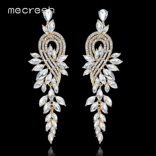 luxury leaves long drop crystal hanging dangle earrings meh946-gold